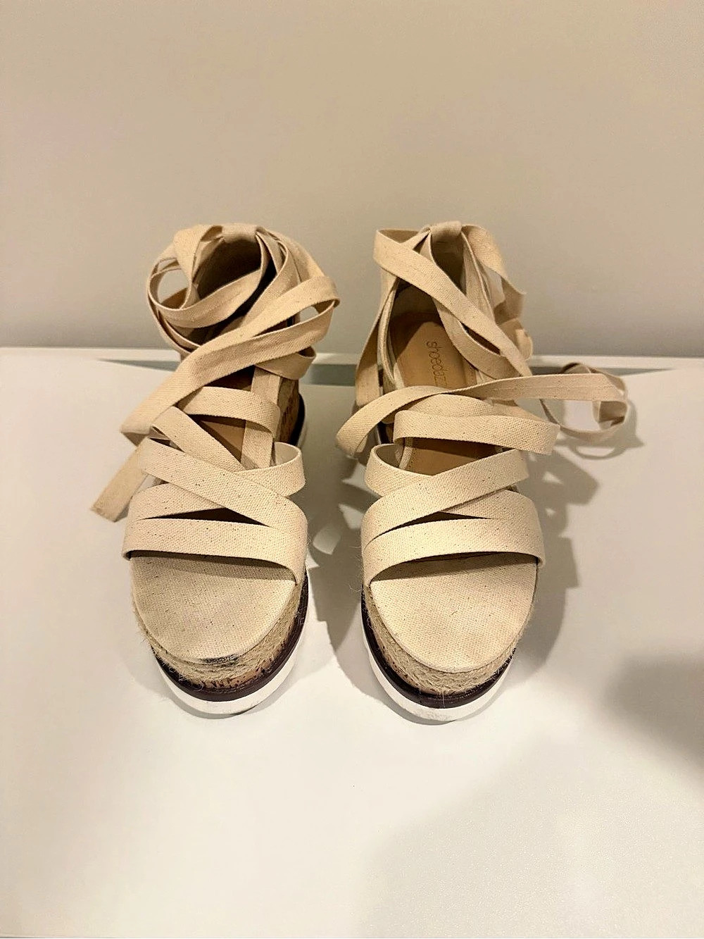 Stuart Weitzman Beige Strappy Cork Wedge Sandals